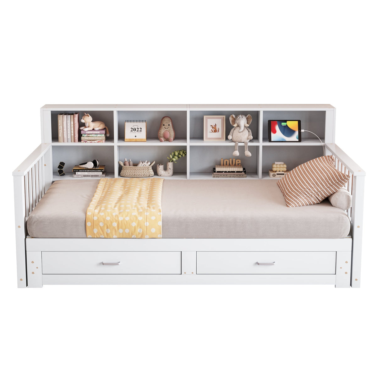 Sofa Bed, Pull-Out Solid Wood with Storage, Drawers & Slatted Frame, White