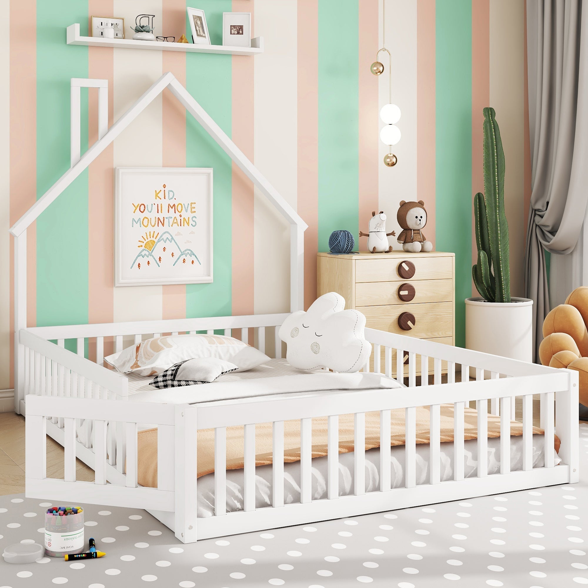 Children's House Bed 140x200cm Chimney Shape Slatted Base Pine Wood White
