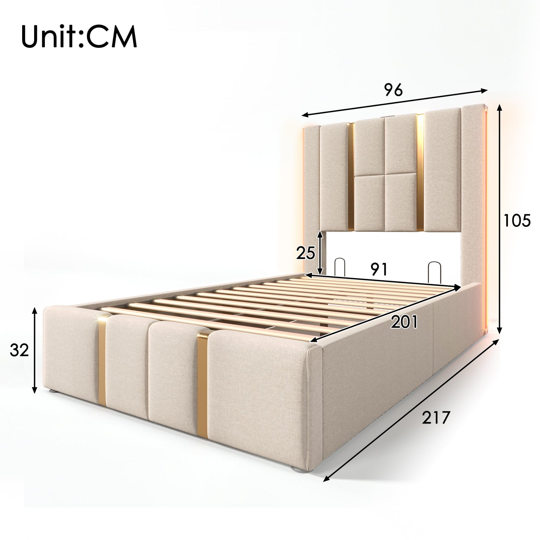 Upholstered Bed, USB-C LED Single with Storage, Beige Linen