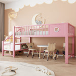 Low Loft Bed for Children with Storage Ladder and Metal Frame, 90x200cm, Pink Metal