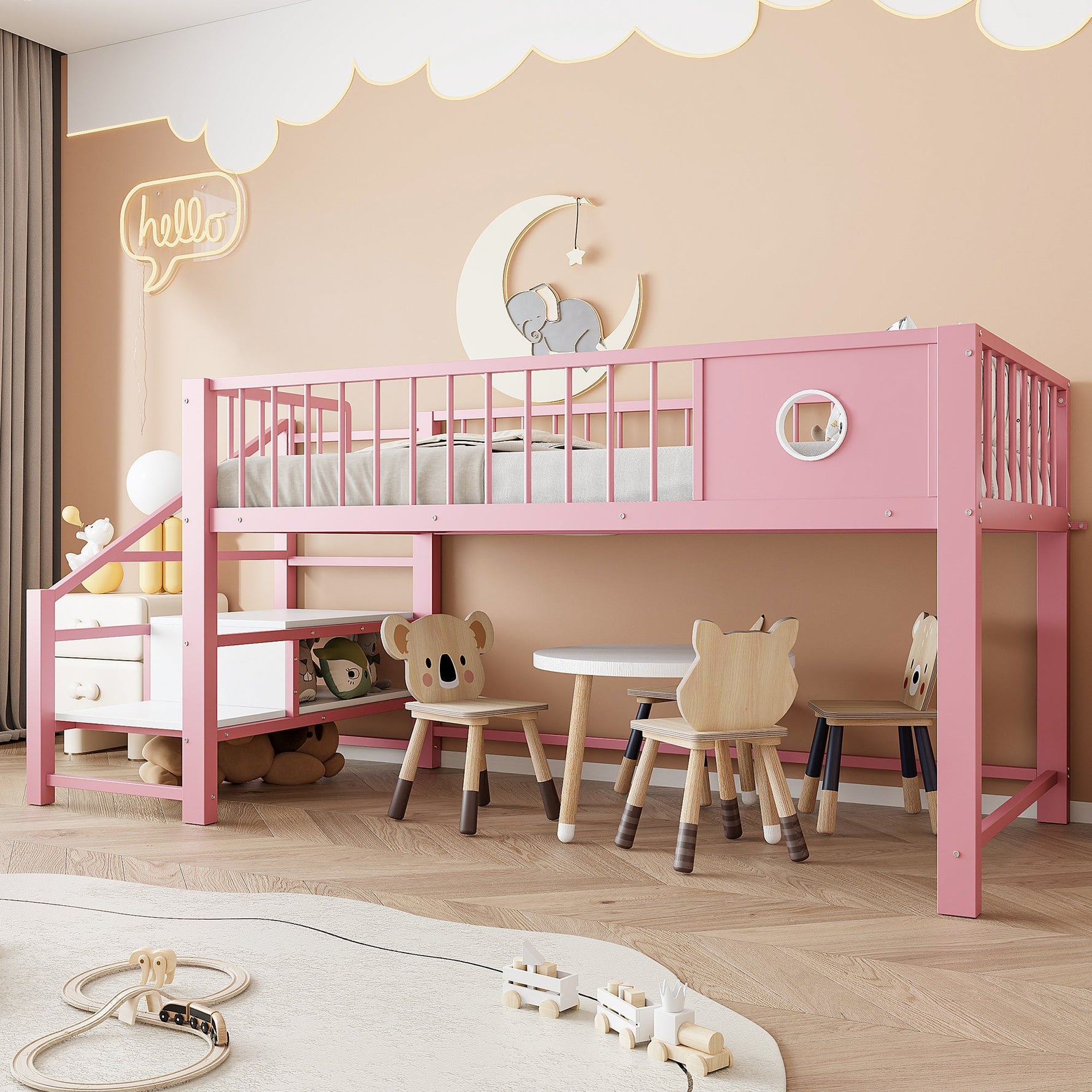 Low Loft Bed for Children with Storage Ladder and Metal Frame, 90x200cm, Pink Metal