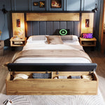 Upholstered Bed 160x200 with Reading Lamp, USB C, Storage Bench - Metal, Wood, Linen, Oak