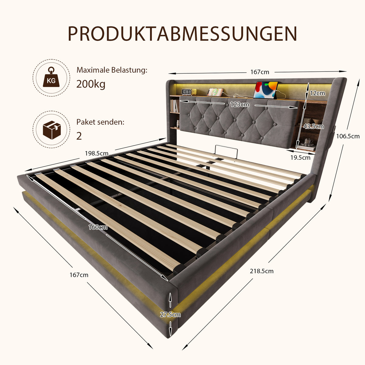 Upholstered Bed 160x200 with Storage & LED, Dark Gray Velvet