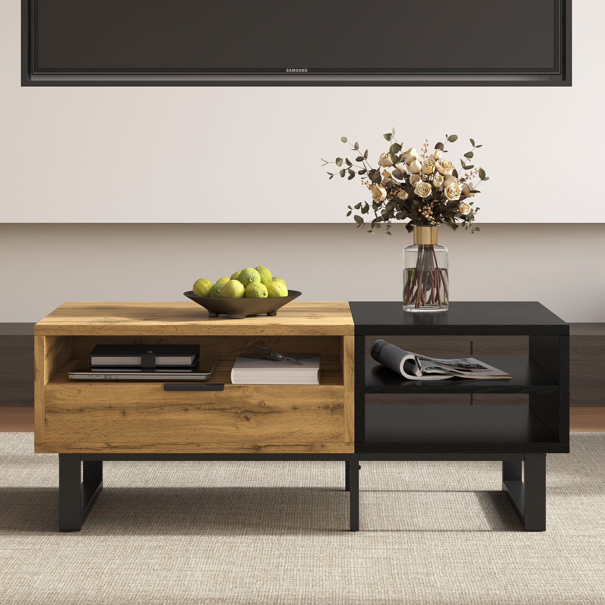 Coffee Table with Color Block, Compartments, Drawers, Metal Legs