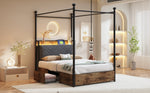 Multifunctional Bed 90x190cm, Storage, Wrought Iron Canopy, LED/USB Ports, Iron