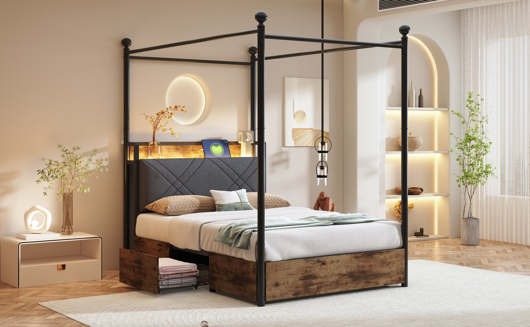 Multifunctional Bed 90x190cm, Storage, Wrought Iron Canopy, LED/USB Ports, Iron