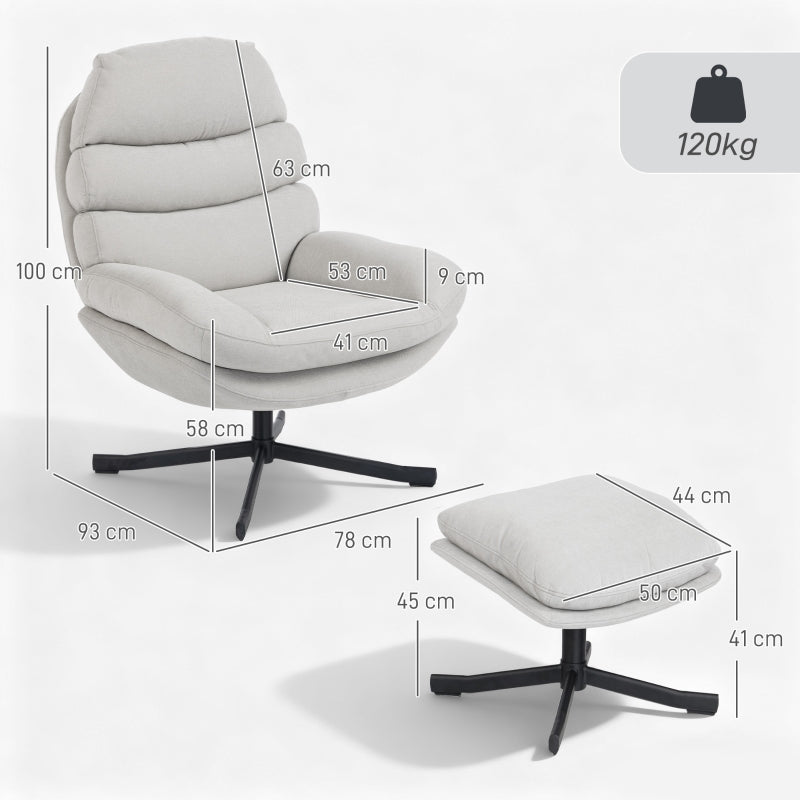 Reclining Armchair & Footstool Chenille Fabric - Cream White