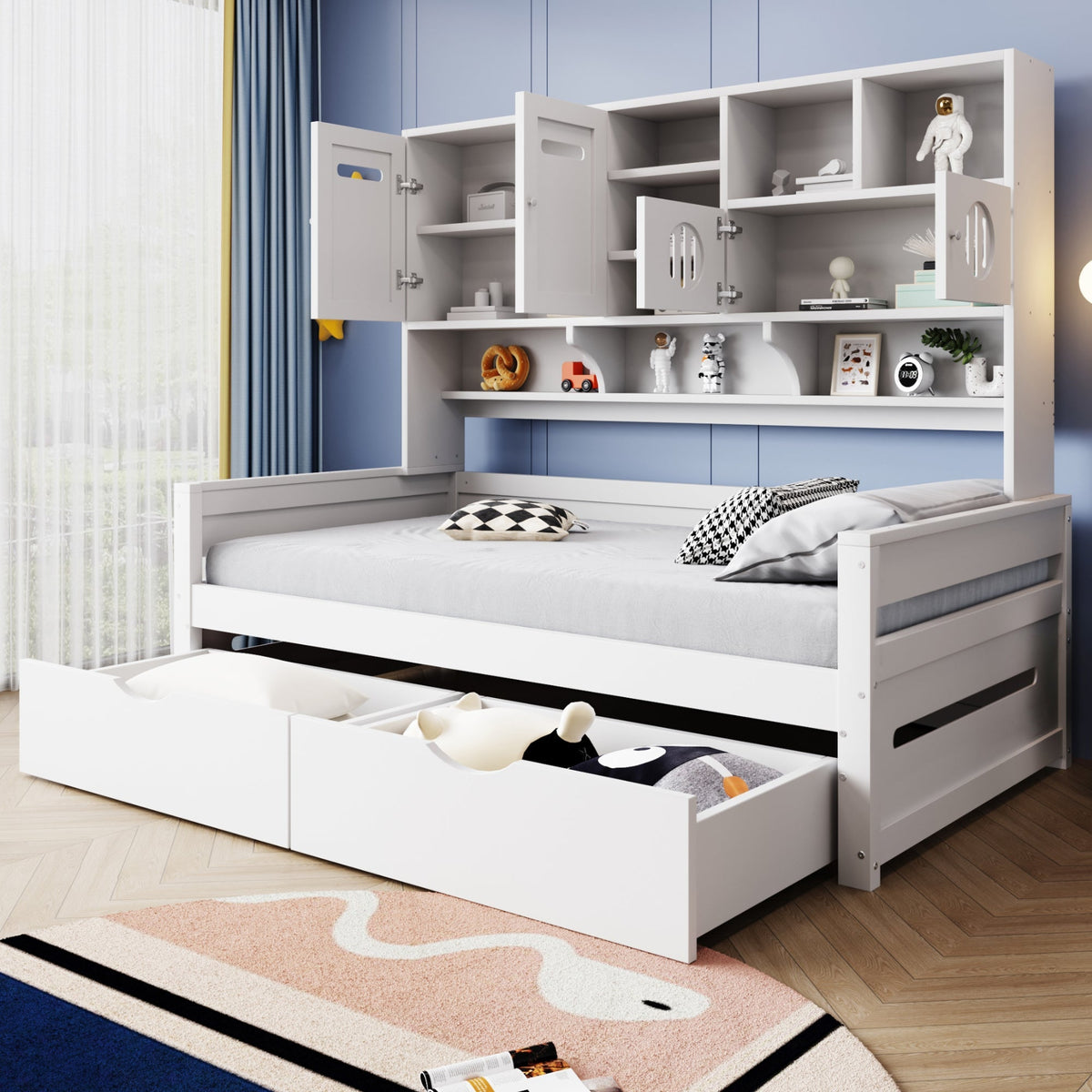 Wooden Sofa Bed, 90x200cm Multifunctional with Large Drawer & Slatted Frame, White