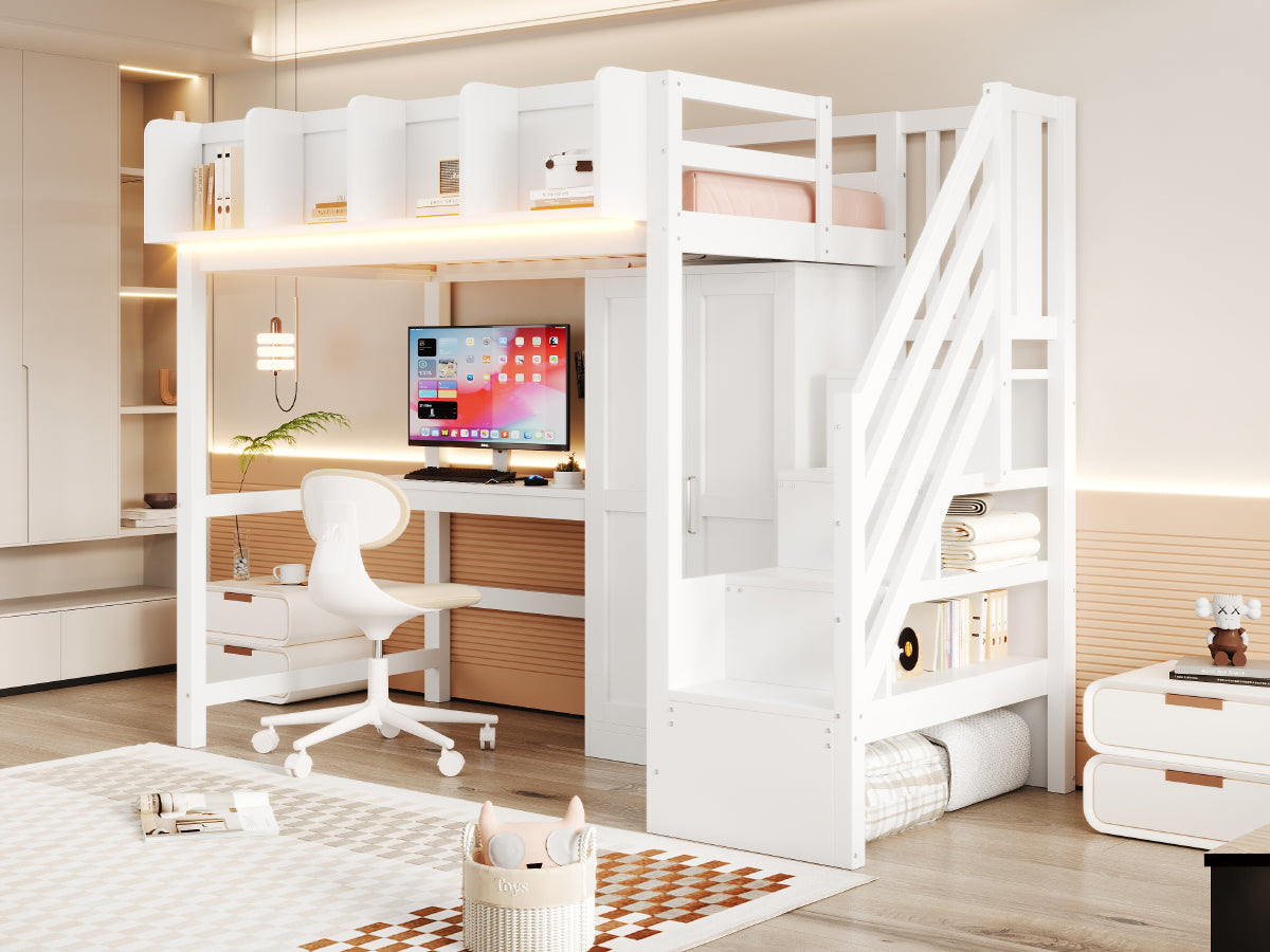 Multifunctional Loft Bed 90x200cm with Desk & Wardrobe, White