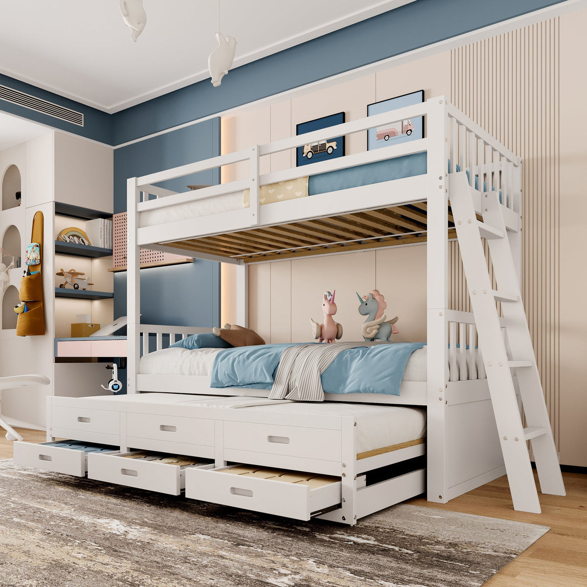 Bunk Bed 90x200cm House Bed Pull-out Bed 3 Drawers - White