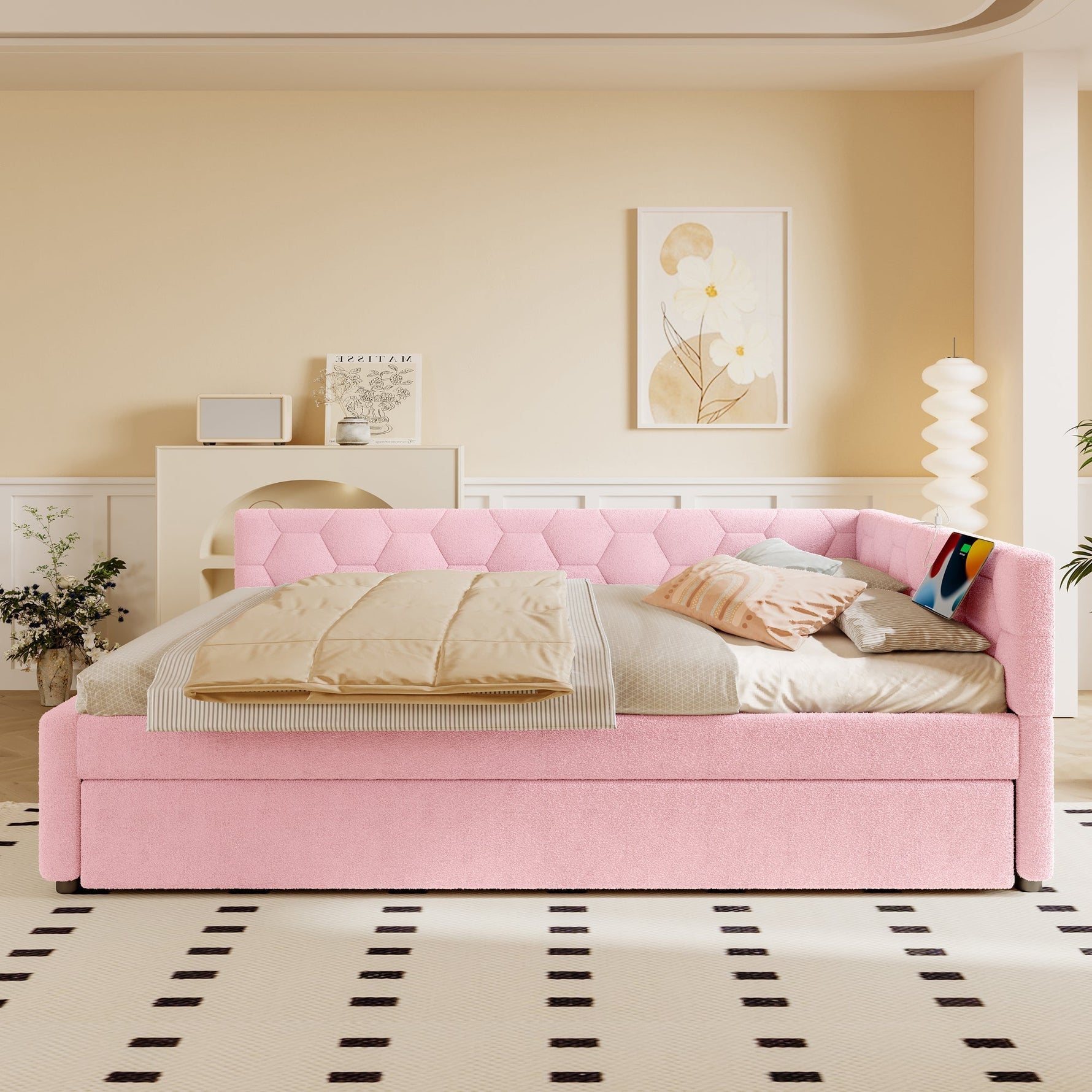 Daybed 140x200cm Sofa Bed Pull-Out Bed Lamp USB/Type-C - Faux Fleece Pink