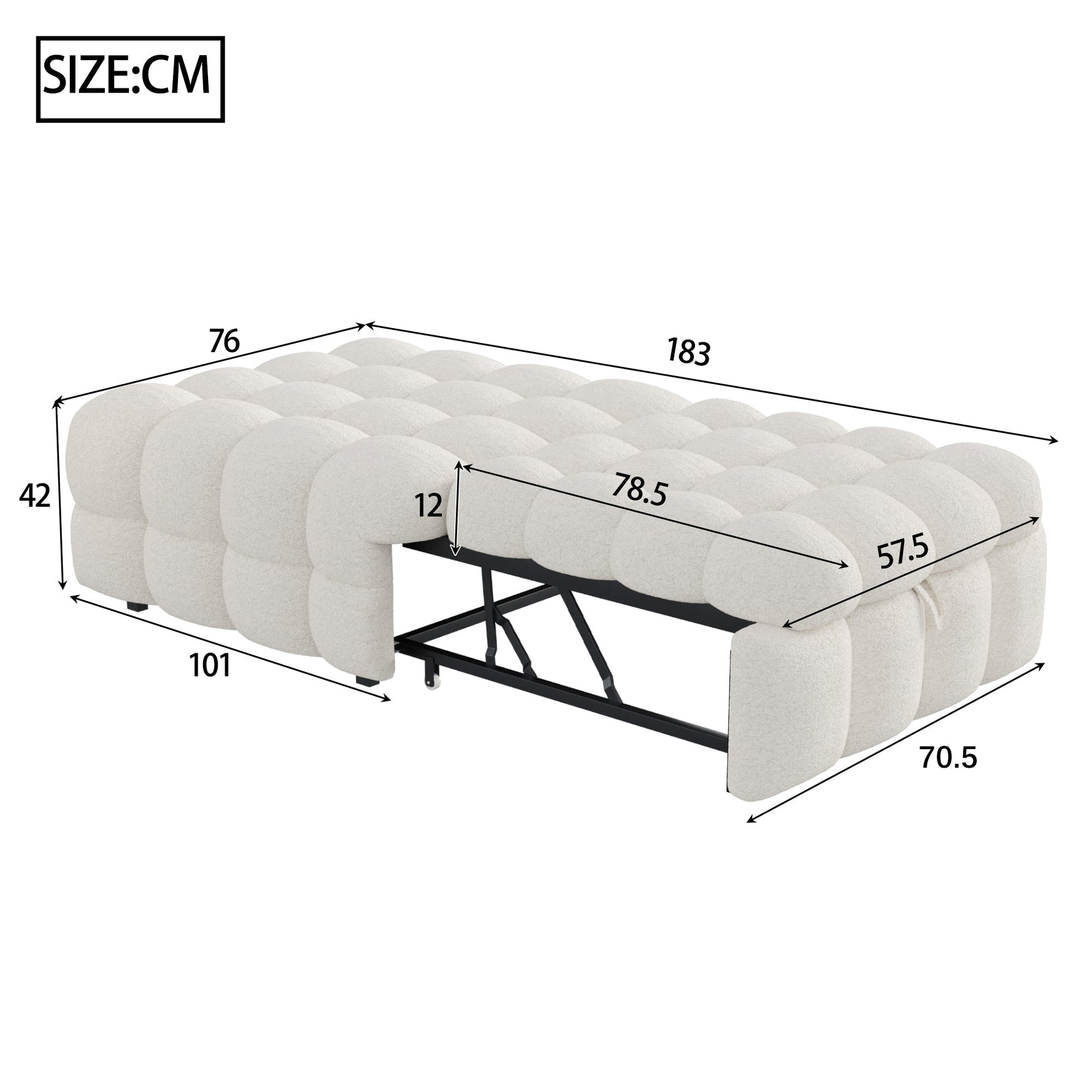 Upholstered Bed 2-in-1 Footstool Pull-out Sofa Bed Single Teddy Fabric Beige