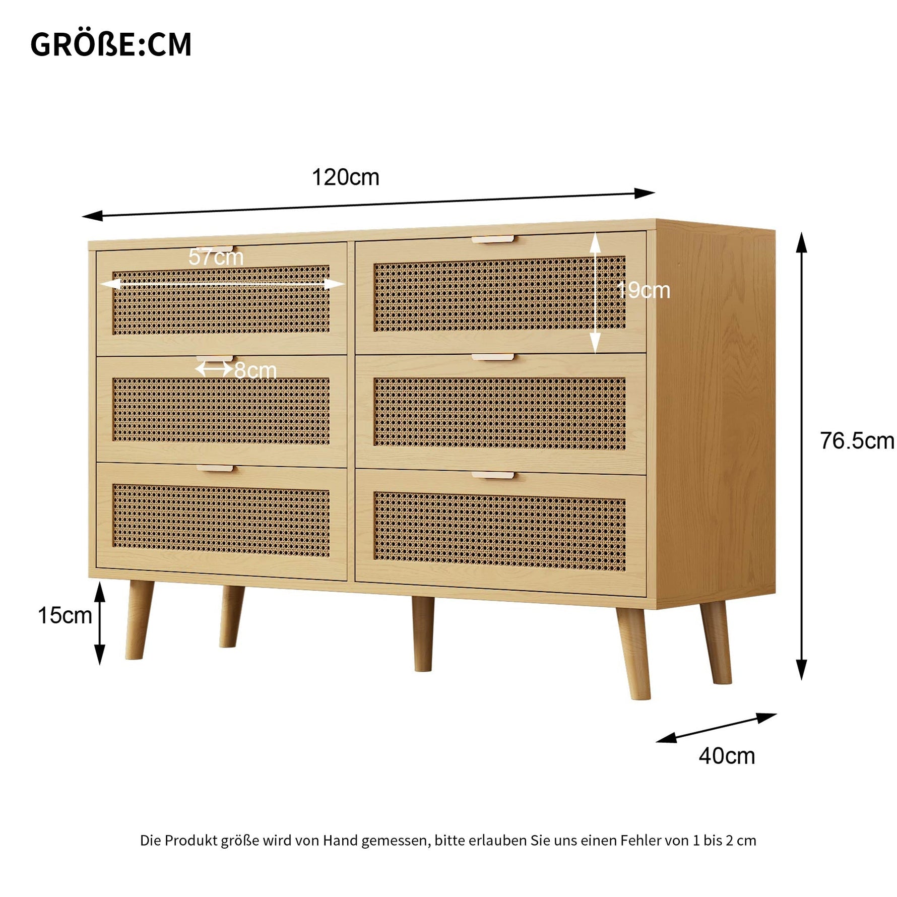 Chest of drawers with 6 drawers, metal handles, wood