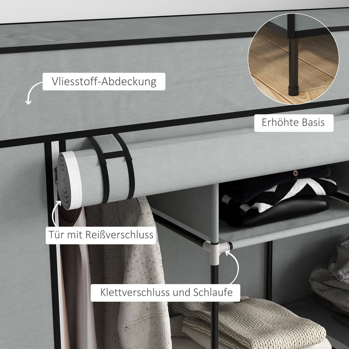 Fabric Wardrobe, Clothes Rail 10 Compartments 4 Drawers, Dark Grey