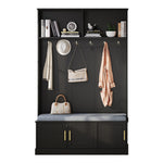 Coat rack with shoe bench wardrobe, 6 triple hooks, freestanding, space-saving, black