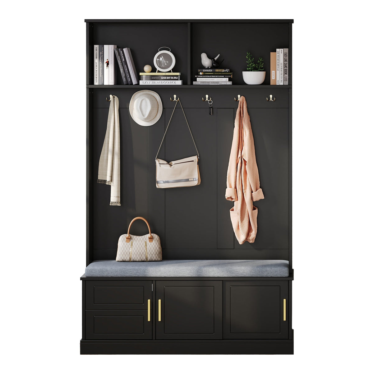 Coat rack with shoe bench wardrobe, 6 triple hooks, freestanding, space-saving, black