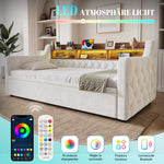 Sofa Bed 90x190cm with Trundle, Storage & LED, Beige Velvet