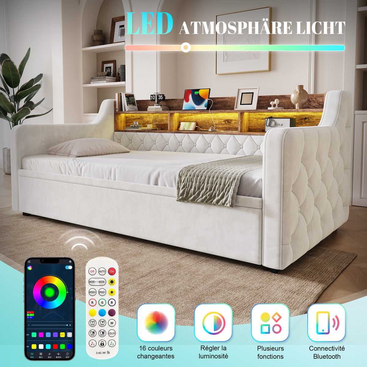Sofa Bed 90x190cm with Trundle, Storage & LED, Beige Velvet