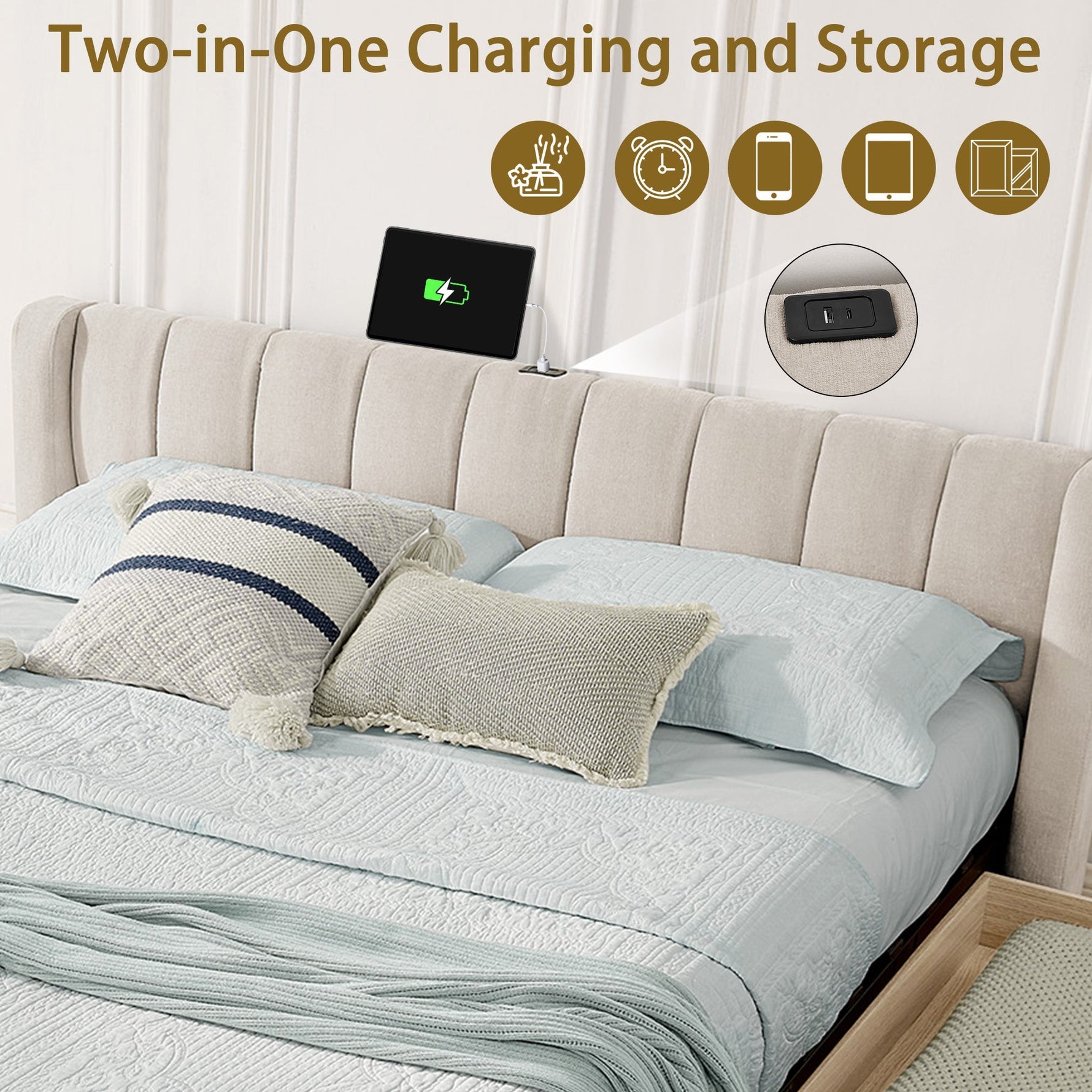 Double Bed 140x200cm Storage USB Port Chenille Beige