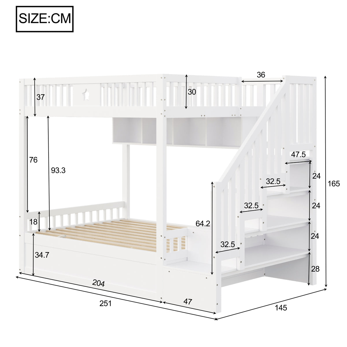 Wooden Bunk Bed 140x200cm with Hydraulic Storage & Stairs, White