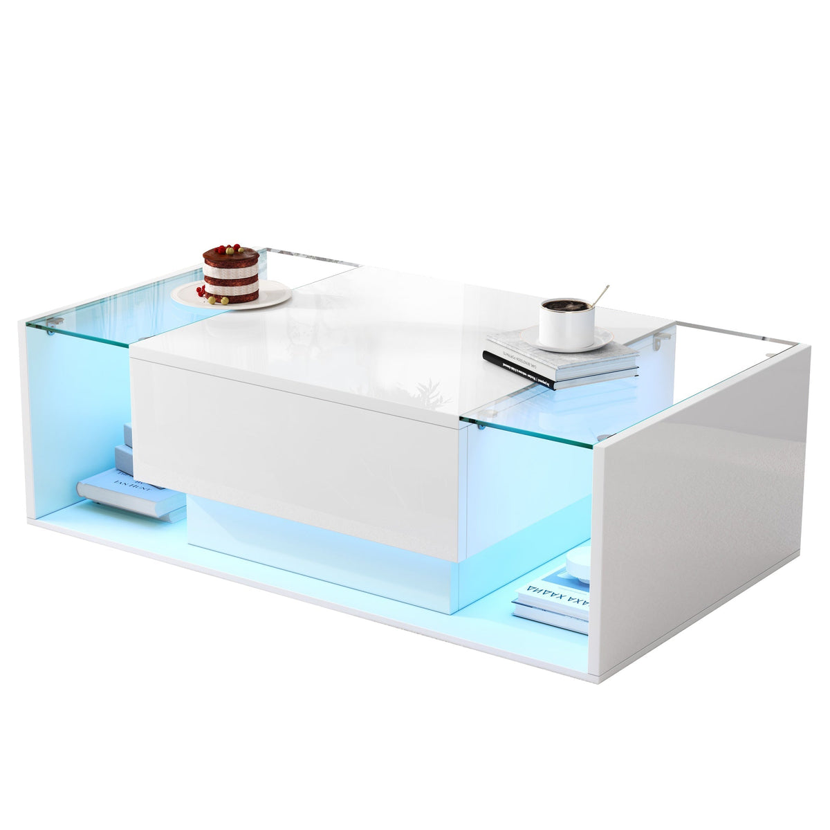 Coffee Table, 1 Drawer LED Light Tempered Glass, White High-Gloss