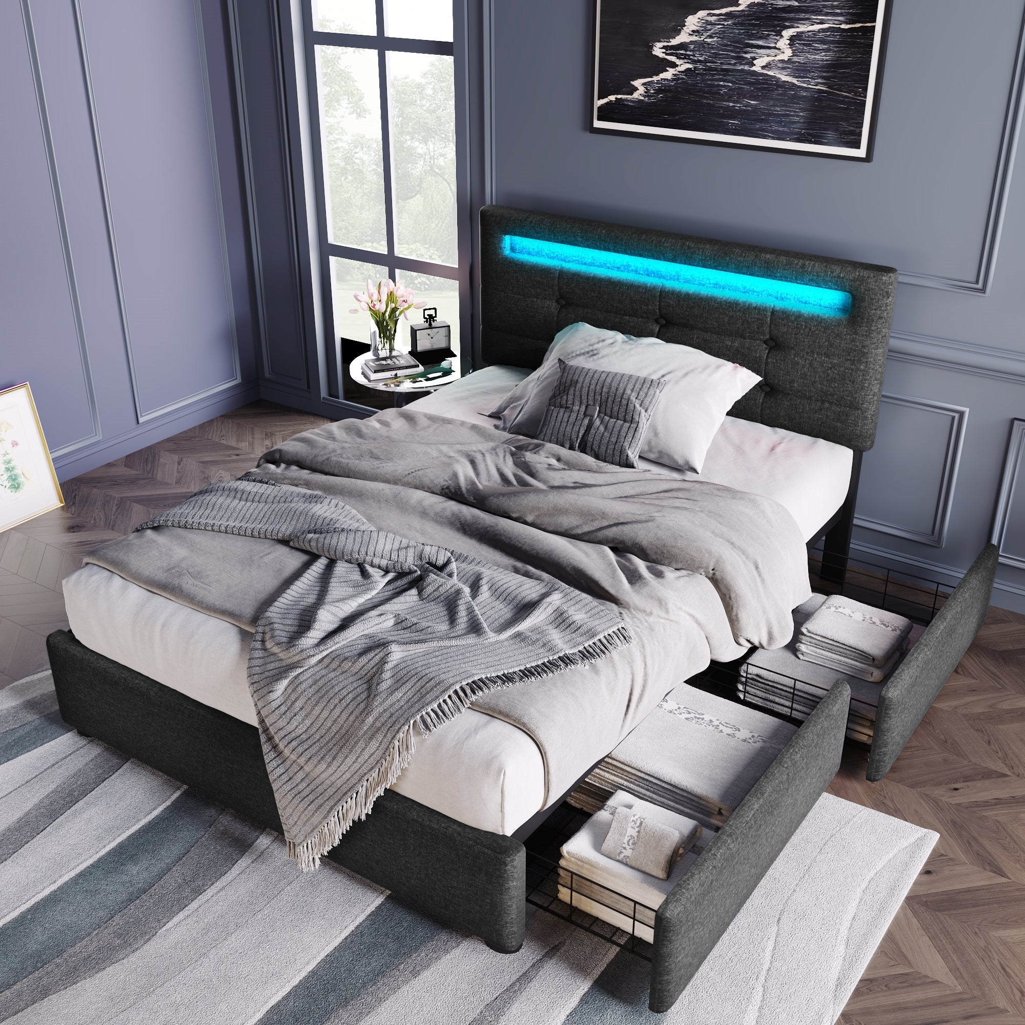 Bed Frame with LED, 2-Drawer, Adjustable Headboard, Wooden Slats, Grey