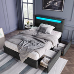 Bed Frame with LED, 2-Drawer, Adjustable Headboard, Wooden Slats, Grey