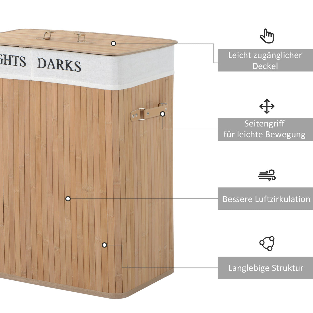 Laundry Basket 100L, Box with Lid, Bamboo Natural