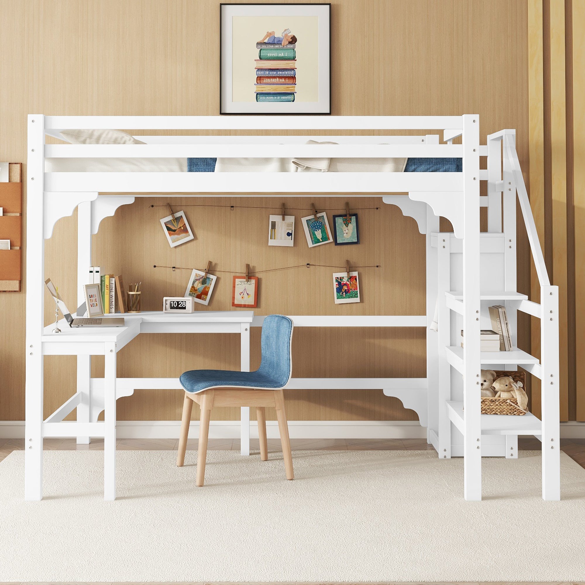 Loft Bed 140x200cm L-Shaped Desk Open Wardrobe Pine Wood White