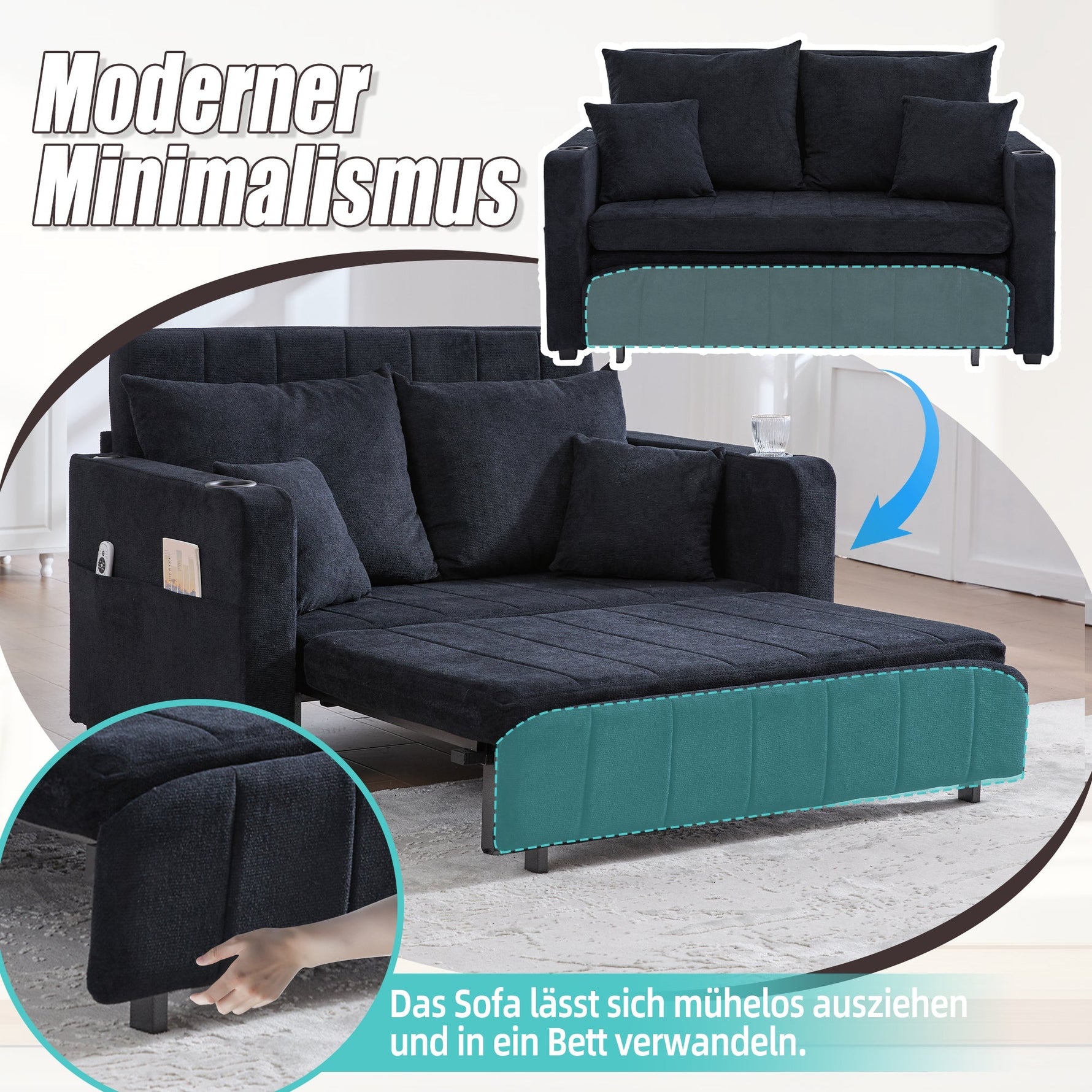 Multifunctional Sofa Bed, Foldable Pull-Out, USB Charging, Cup Holder, Fabric