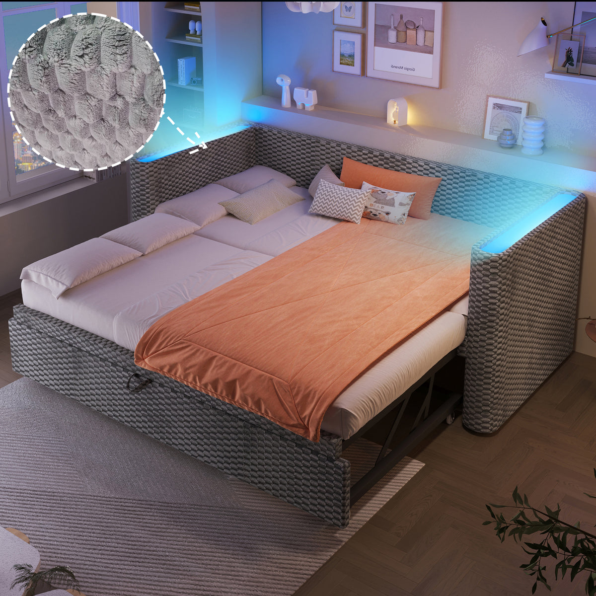 Daybed Sofa Bed, Pull-out LED Light 90/180x200cm, Grey Velvet