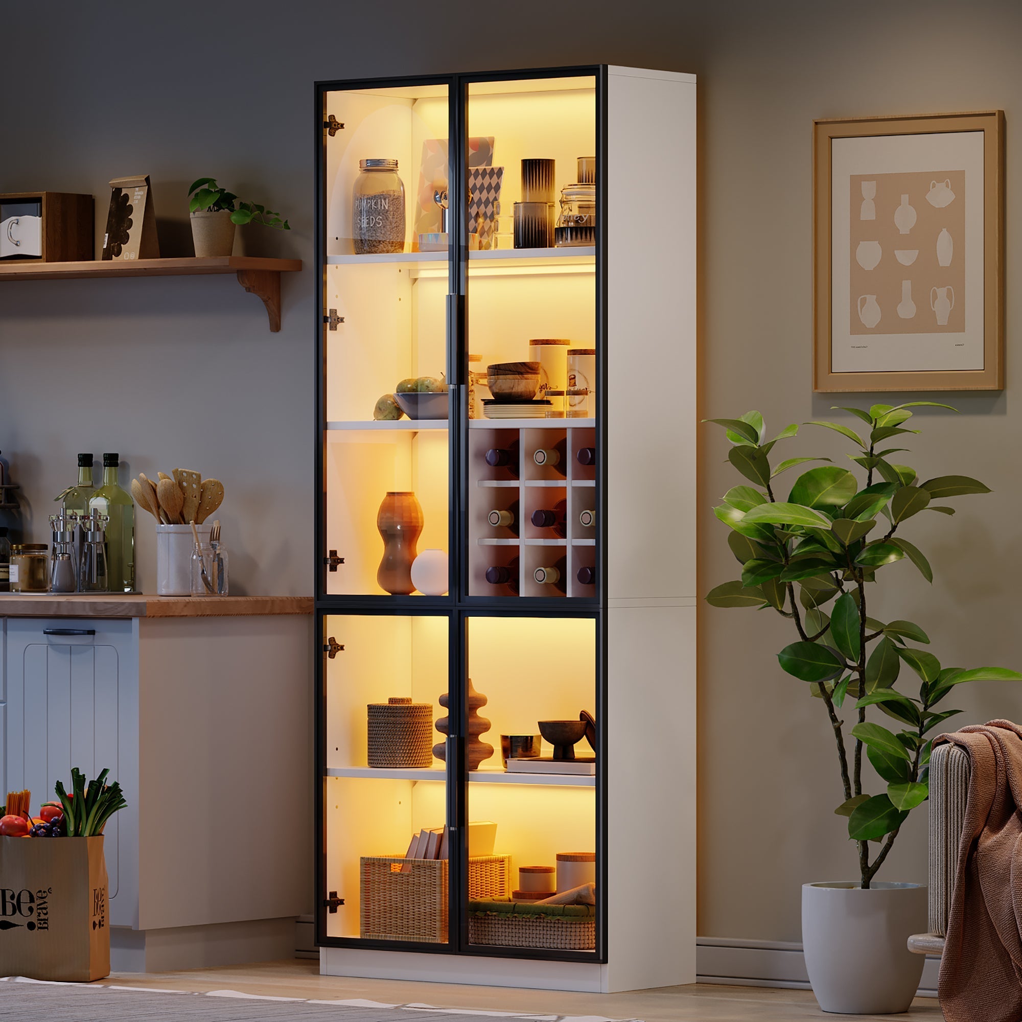 Display Cabinet 80x35x200cm Tall Cabinet Bookcase Wine Rack with Double Doors, Glass/LED