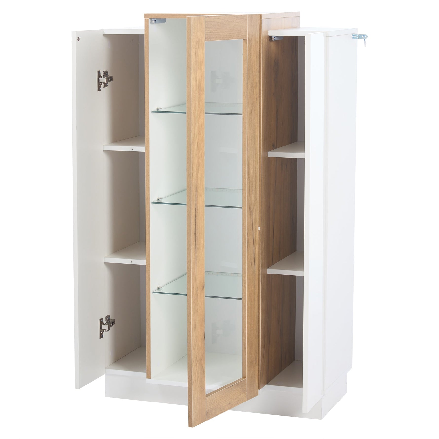 Living Room Cabinet, 3-Door High-Gloss LED Display, Glass Shelves & Drawer, Transparent
