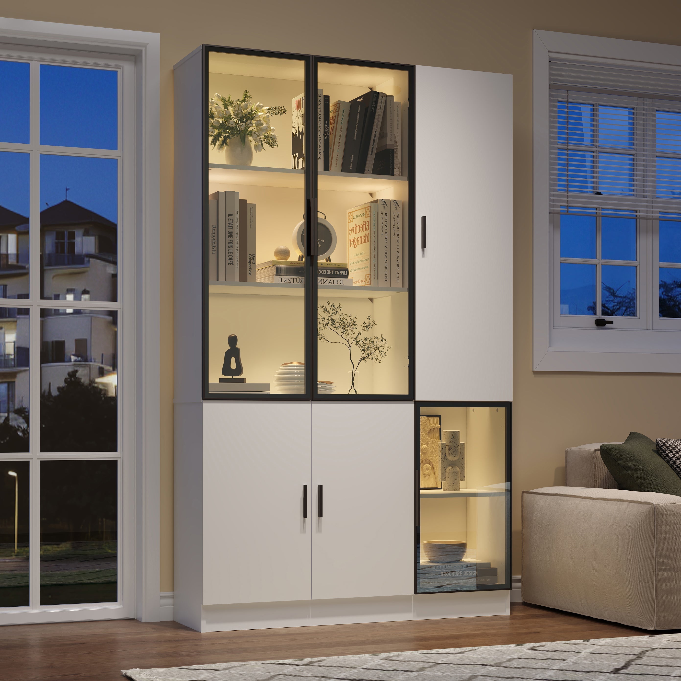 Glass Display Cabinet with LED Lights and 10 Storage Compartments, White and Glass