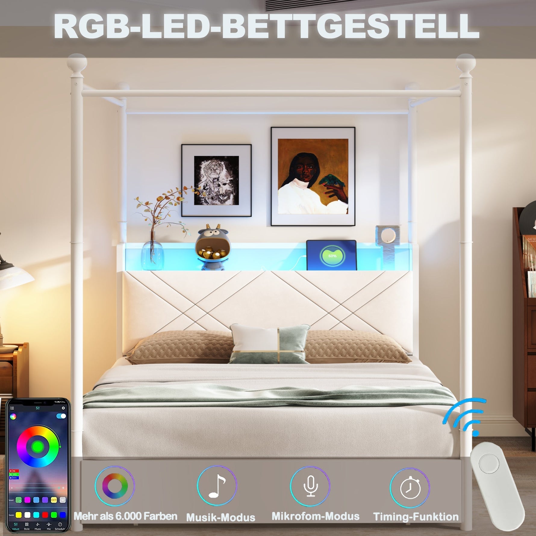 Multifunctional Double Bed with Hydraulic Storage, Canopy, LED and USB, 140x190cm, White Wrought Iron
