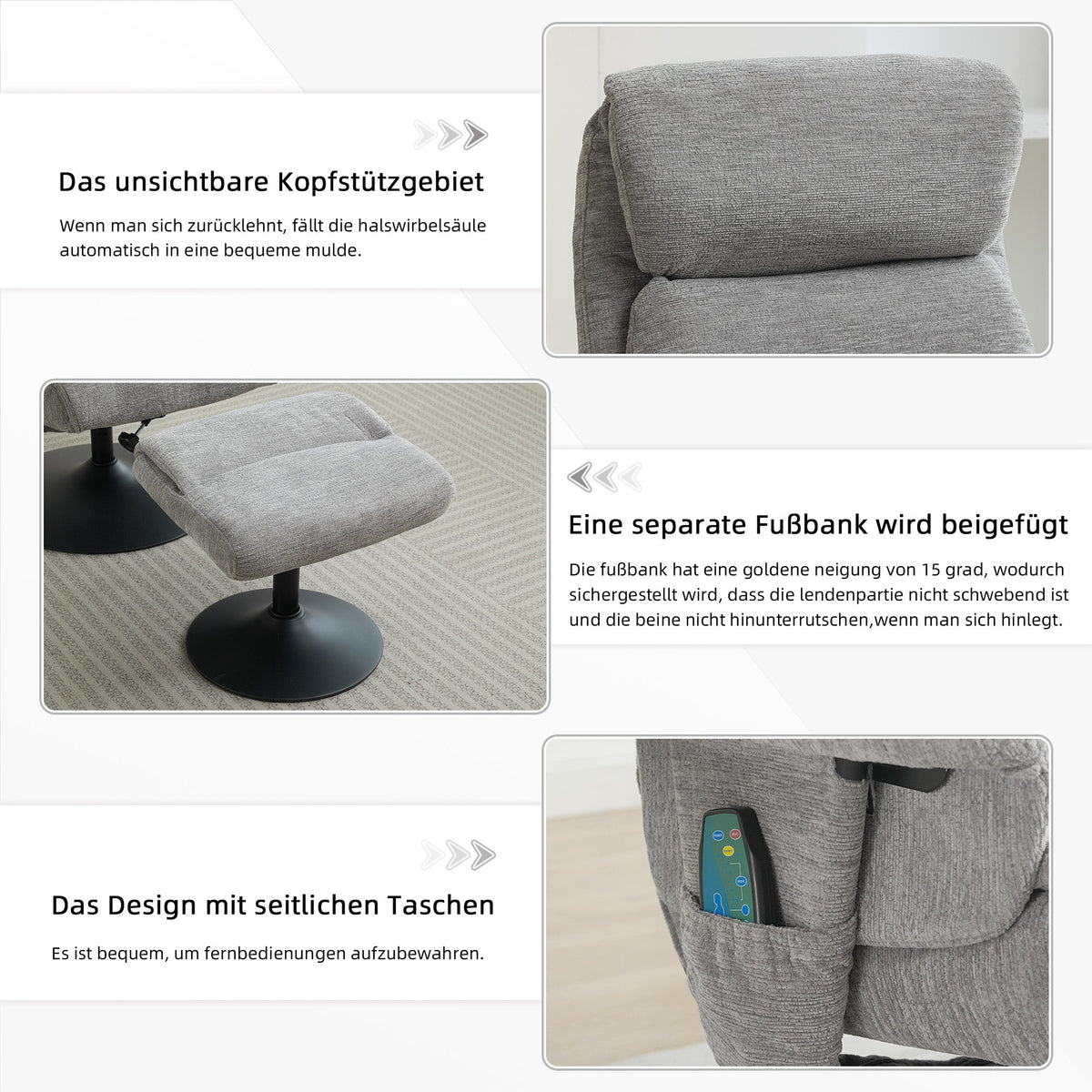 023 Recliner Chair, 5-Point Massage, Heated, 360° Swivel, Chenille Fabric Grey