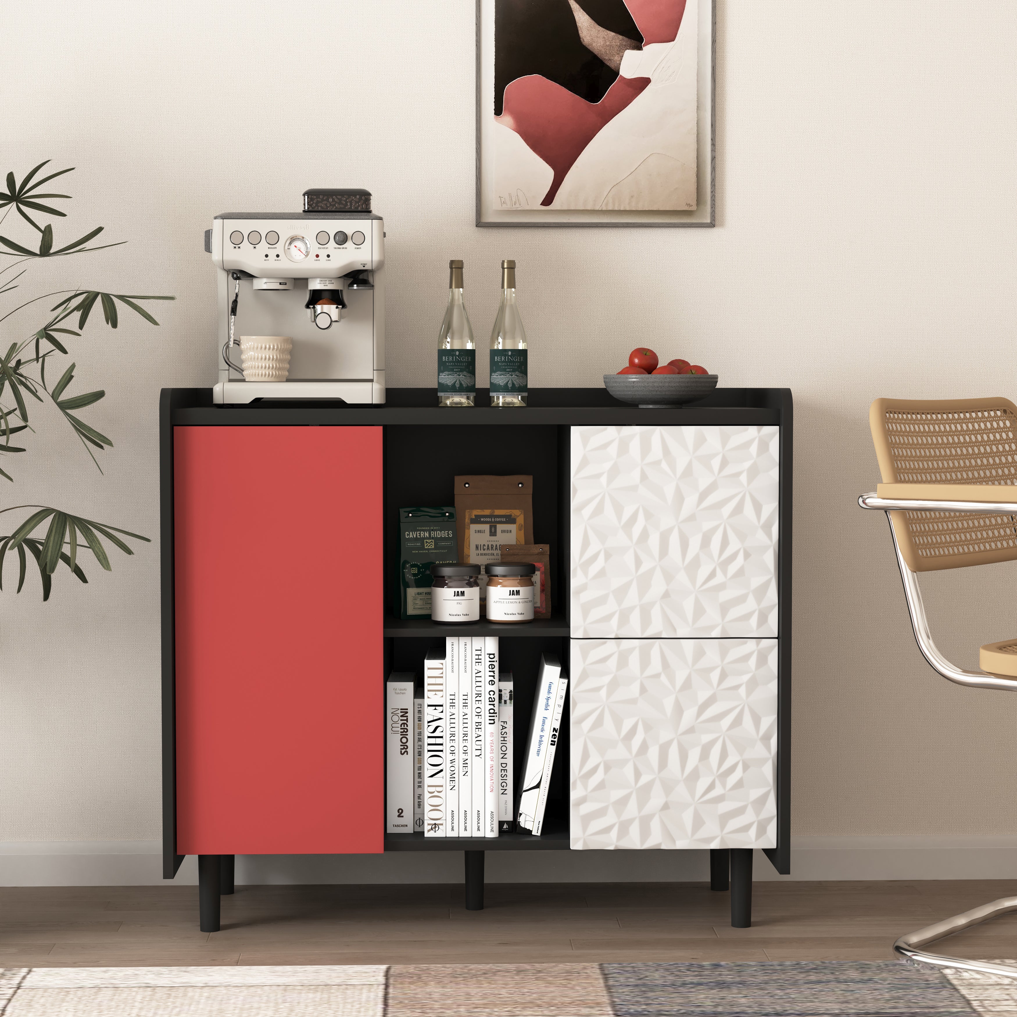 Sideboard Buffet Cabinet with 2 Drawers & Open Storage - Black/Red