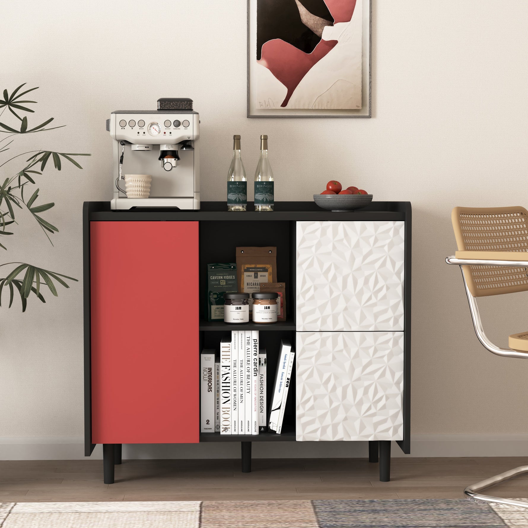 Sideboard Buffet Cabinet with 2 Drawers & Open Storage - Black/Red