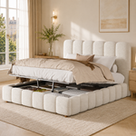 Upholstered Double Bed 140x190cm, Hydraulic Storage, White Bouclé