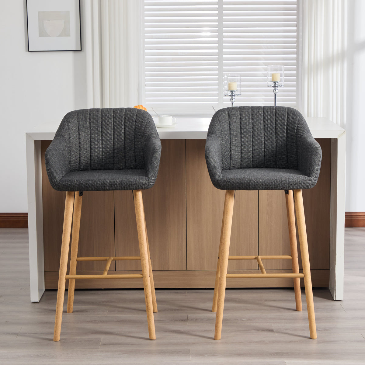 Modern European Bar Stools with High Backrest and Armrests, Set of 2, Beige Linen
