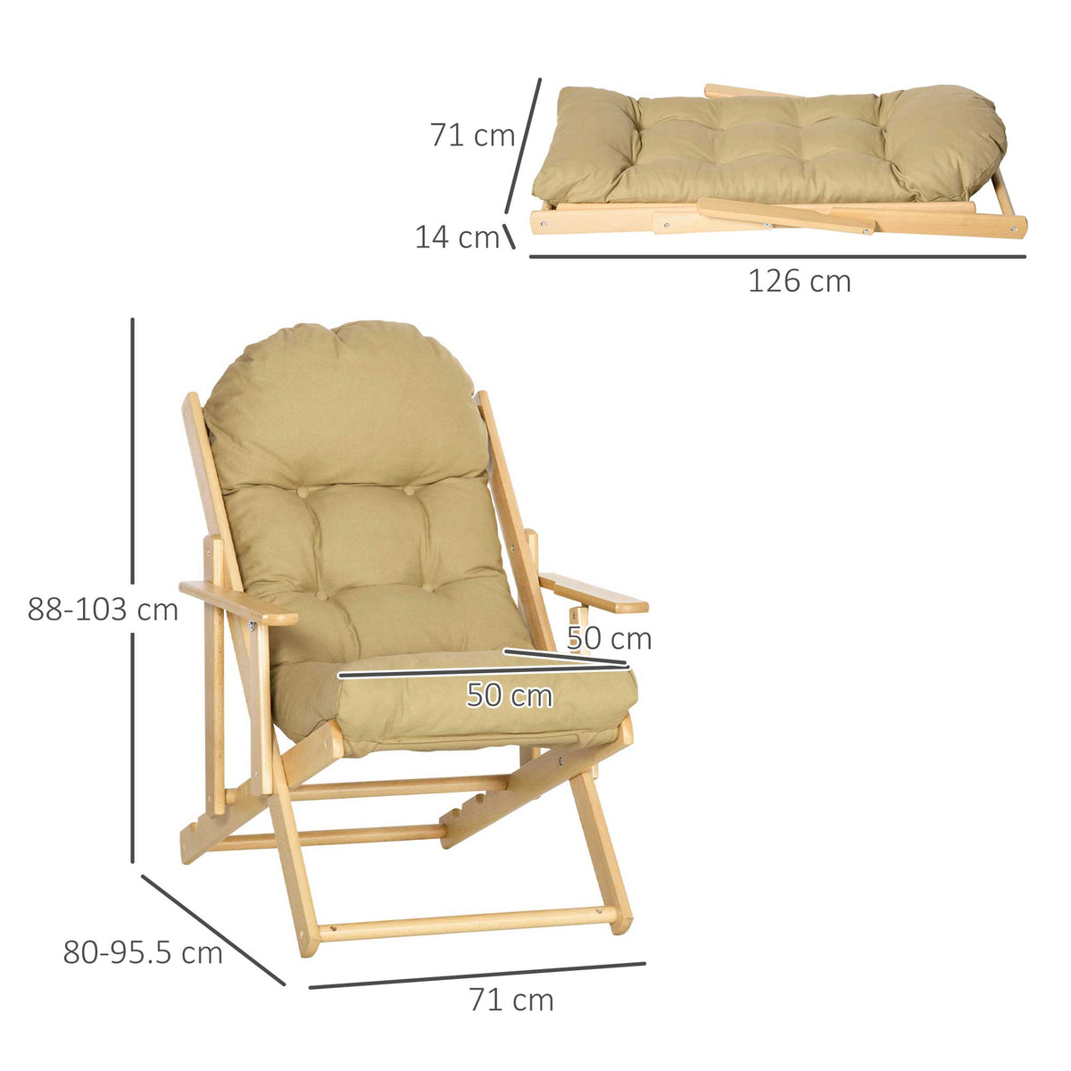 Reclining Armchair, Folding Upholstered Lounge Chair, Beech Wood, Brown