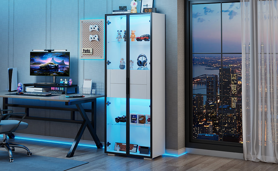 Display Cabinet, Tempered Glass Door, LED, 2 Drawers, White