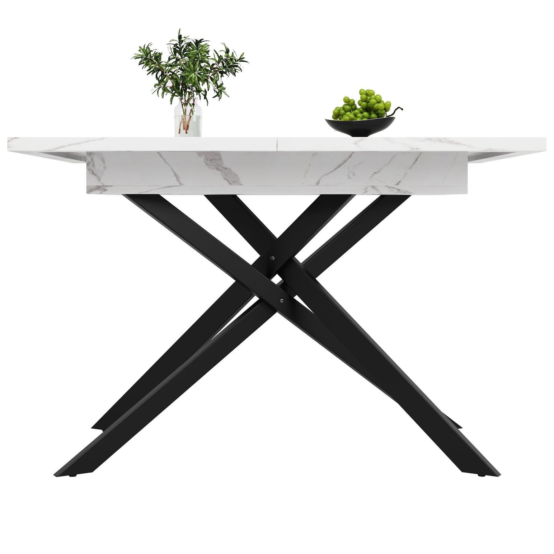 Telescopic Dining Table 120-160cm Extendable Black Crossed Legs - White Marble
