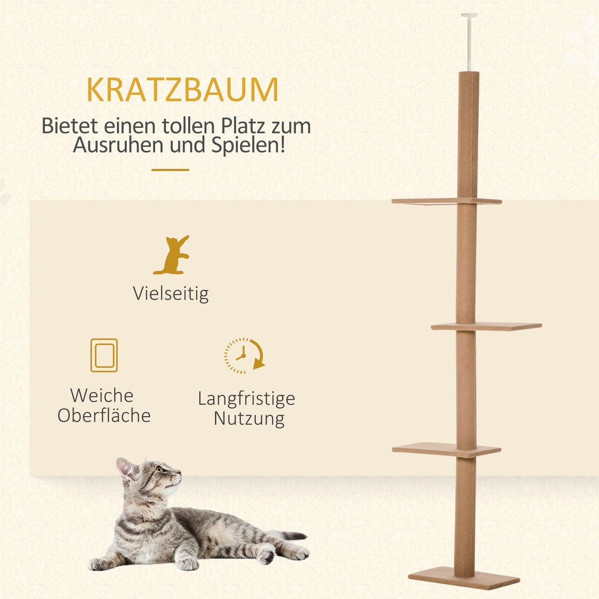 Scratching Post Climbing Tree, Height-Adjustable Play Tree for Cats, Light Brown