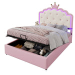 Upholstered Bed with LED Lighting and Hydraulic Storage, 140 x 200 cm, Pink PU