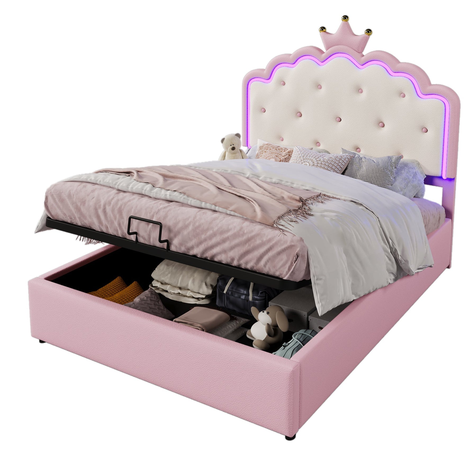 Upholstered Bed with LED Lighting and Hydraulic Storage, 140 x 200 cm, Pink PU