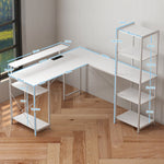 L-Shaped Gaming Desk with Shelf, Monitor Stand, Power Outlet, USB Port, White