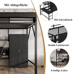 Iron Loft Bed with Desk, Storage and Wardrobe, Black Iron and MDF, 140x200cm