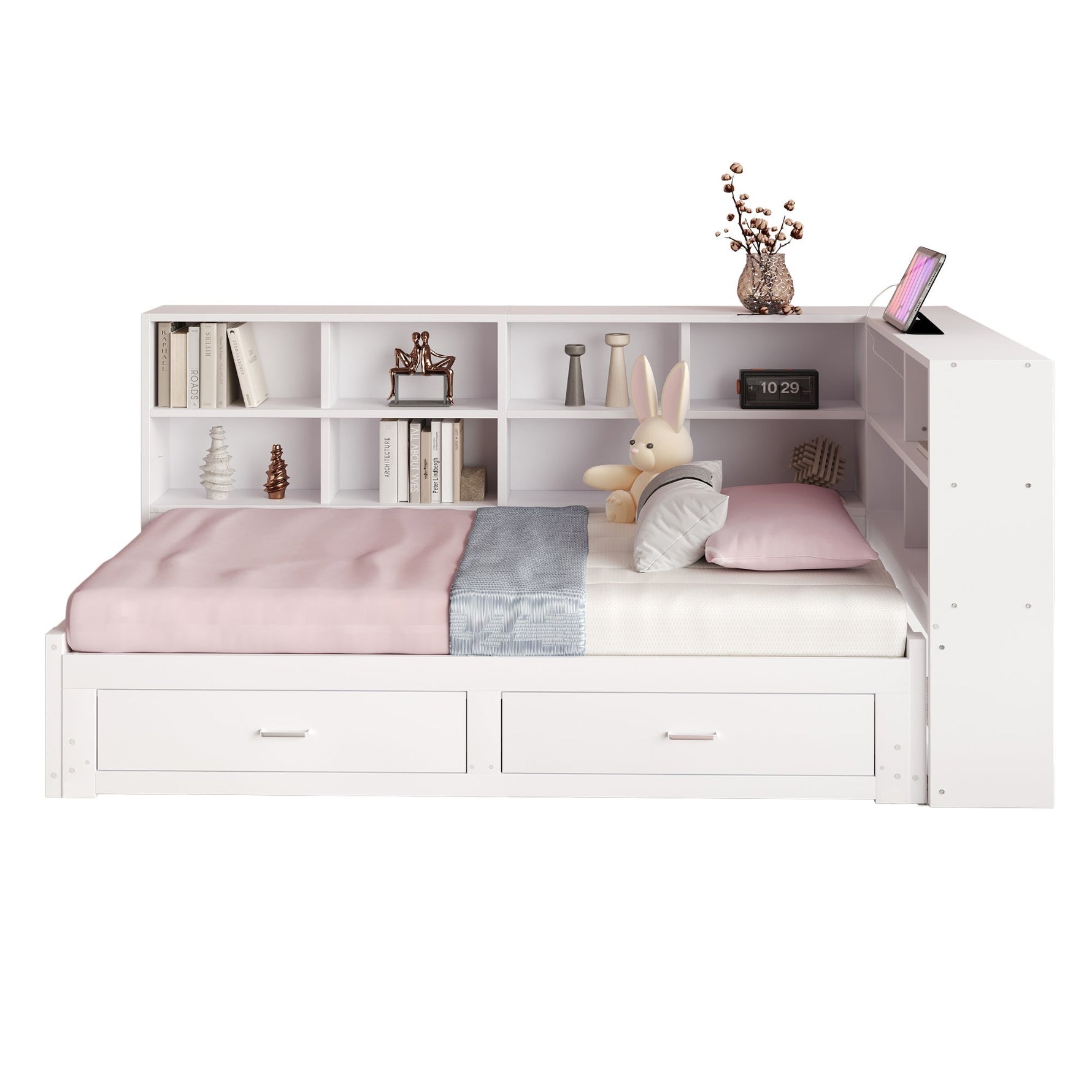Solid Wood Sofa Bed 90/180*190cm Pull-Out Storage Drawers, White