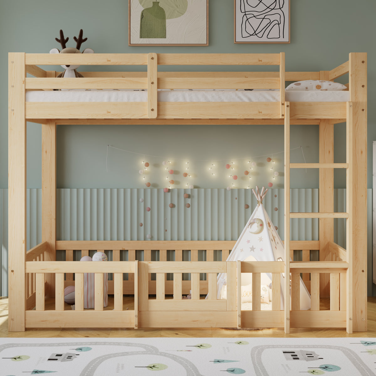 Wooden Bunk Bed 90x200cm with Stairs & Railing, Natural Pine Wood